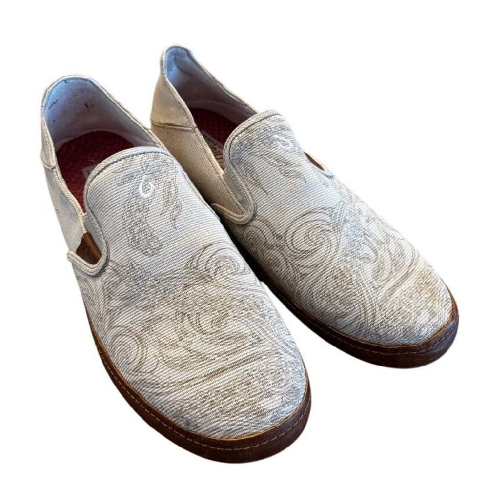 OluKai Makani Hoa Men 11.5 Tan Canvas Slip On Wooden Wave Graphic Loafers